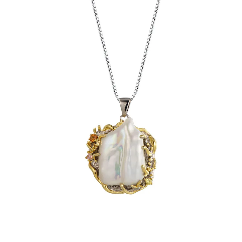 

Leouerry 925 Sterling Silver Originality Baroque Pearl Pendant Geometric Natural Freshwater Pearl Pendant for Women Jewelry