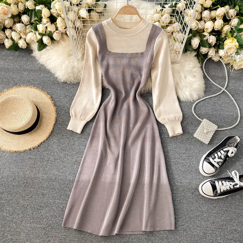 

Fake Two-piece Knitted Dress Women Design Puff Sleeve O Neck A-line Dress Autumn Winter Korean A-line Sweater Dresses DZA410