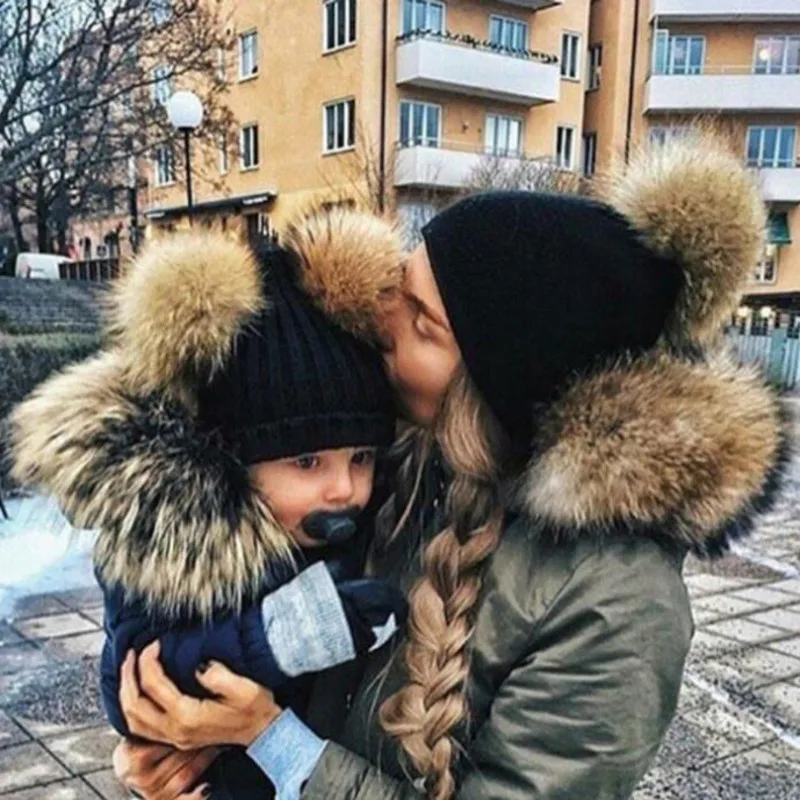 Шапка из искусственного меха енота зимние теплые вязаные шапки с двойным