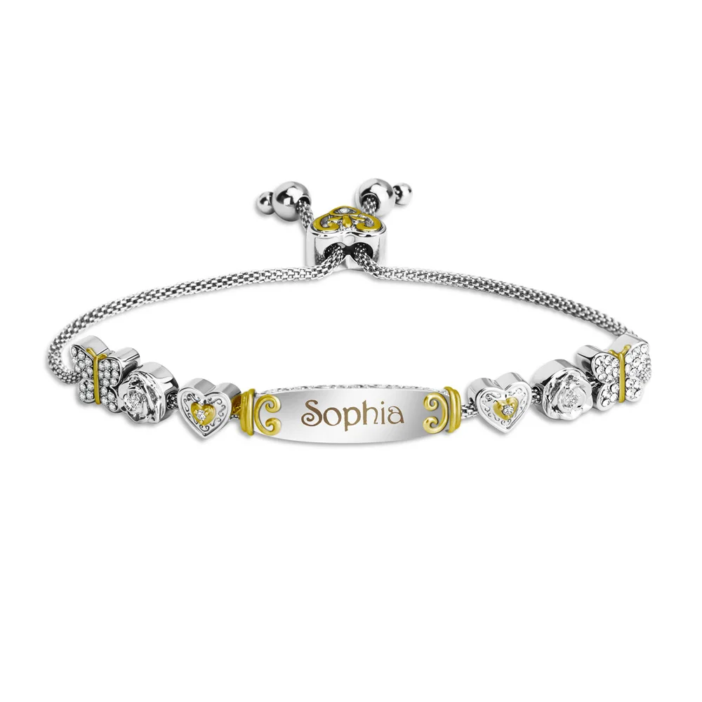 Hiyong Custom Name Bracelet Heart Personalize Name Smooth Name Plated Bracelets Engraving Customized Family Lover Bangles Gifts