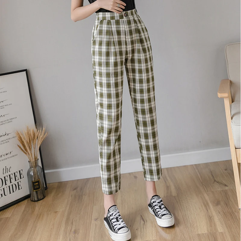 

Women Cotton Linen Pants Women Plaid Pants Women Korean Checkered Pants Oversize Korean Style Plus Size Fashion Trousers
