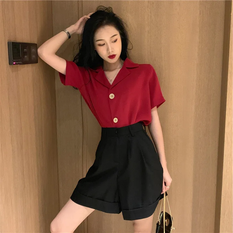 

Houthion Chiffon Solid Women's Blouses Breasted Woman Shirt New Korean Short Sleeve Top Summer Fashion Casual Retro Blouse