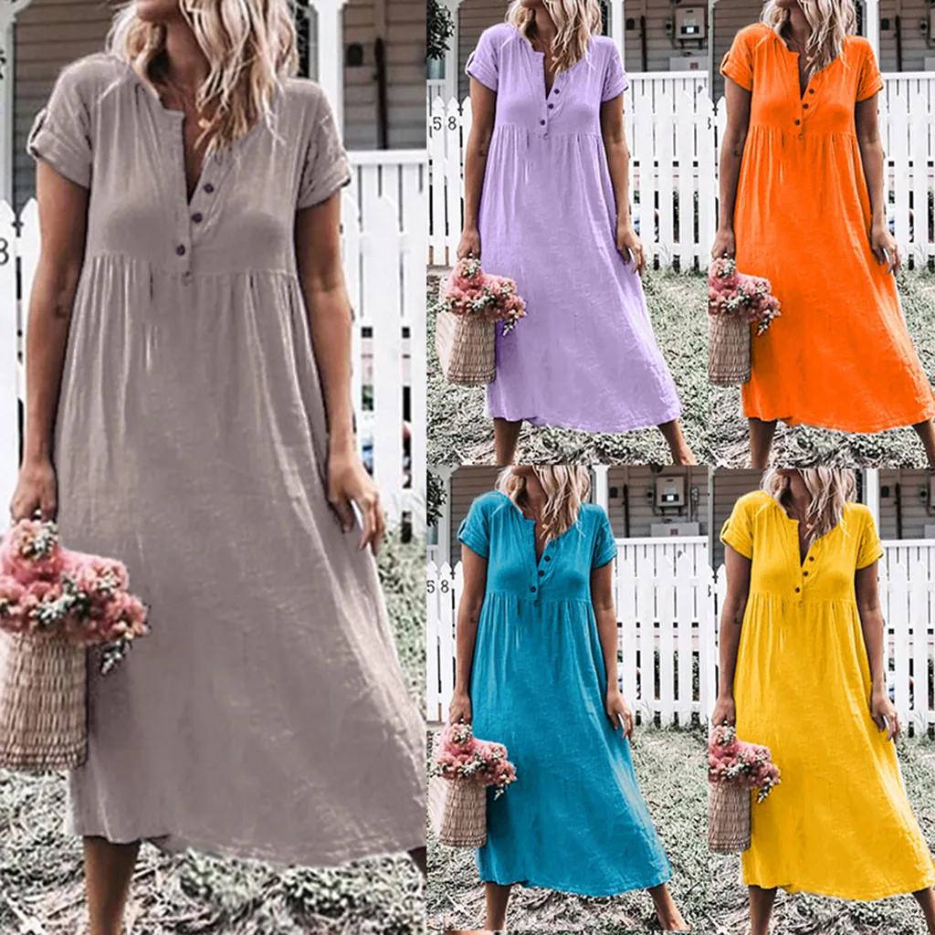 

Ladies V-neck solid color dress summer large size casual loose cotton and linen round neck stitching button dress Q6