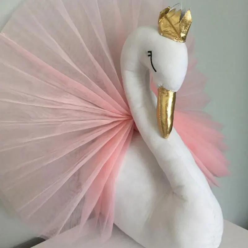 Cute 3D Golden Crown Swan Wall Art Hanging Girl Swan Doll Stuffed Toy Animal Head Wall Decor for Kids Room Birthday Wedding Gift images - 6