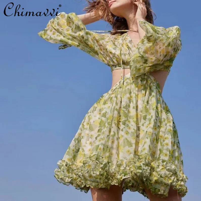 

Summer Dress Women Fashion Lantern Sleeve Floral Printing Dyeing Chiffon Dress Sexy V-neck Midriff Outfit Elegant A- Line Dress