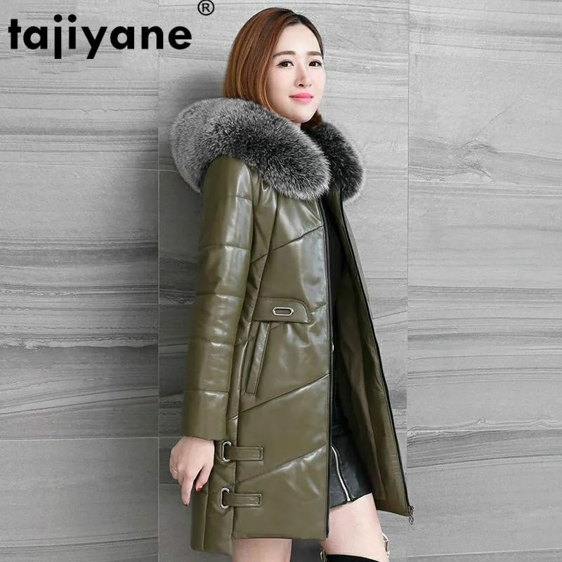 Пальто из овечьей кожи с капюшоном и лисьим мехом Куртка натуральной Женская