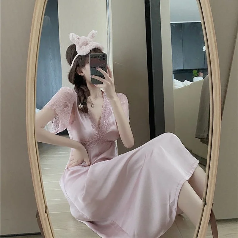 QWEEK Silk Dress Woman Sexy Sleepwear Summer 2021 Nightdress Vintage Lace Nightie Elegant Nightwear Long Nightgowns Pink Nighty