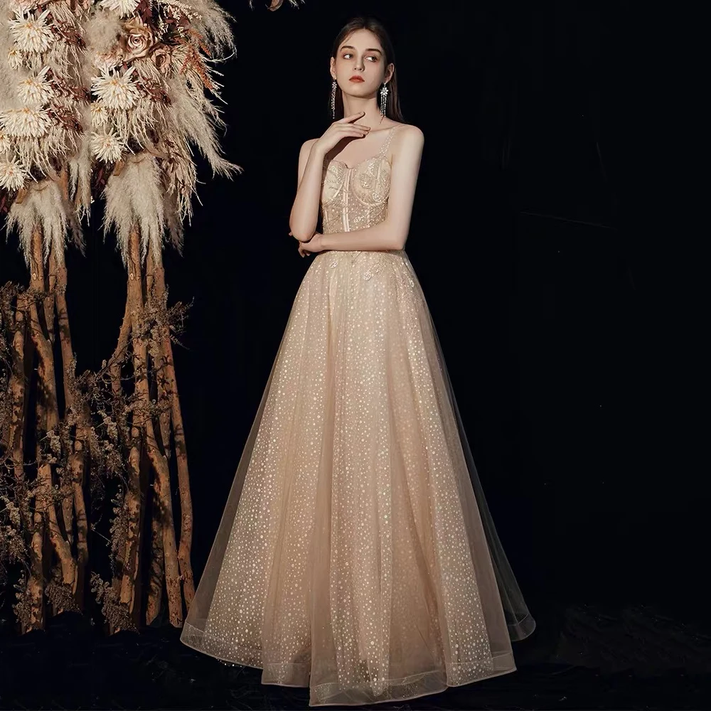 

Champagne A Line Glitter Tulle Prom Dress Lace Appliques Sweetheart Prom Gown Spaghetti Straps Party Dress Vestido De Noche