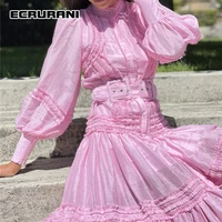 ecrurani elegant ruched dresses for women lantern long sleeve high waist slim dress female 2021 clothing fashion tide new