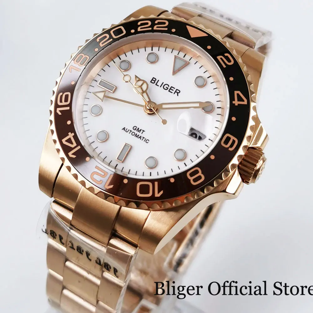 BLIGER Rose Gold Automatic Men Wristwatch Sapphire Glass Rotating Bezel GMT Hand White Dial Deployment Clasp | Наручные часы