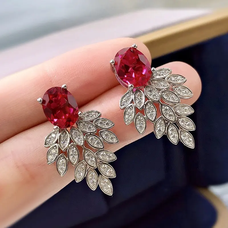 

Jazaz 100% Sterling Silver Ruby Gemstone Stud Earrings For Women Sparkling Wedding Lady Party Fine Jewelry Wholesale Gift B01331