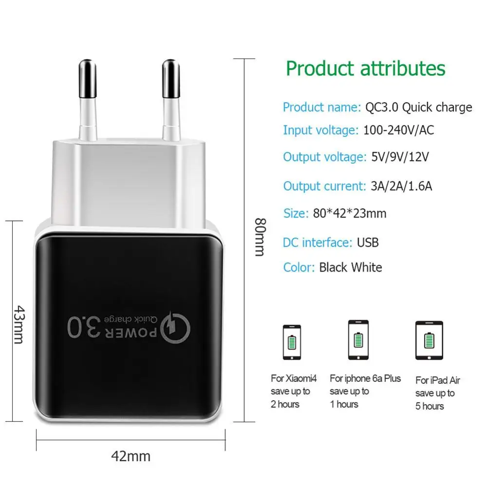 Фото Универсальное зарядное устройство USB QC3.0 18 Вт европейская вилка адаптер для Универсальное зарядное устройство USB QC3.0 18 Вт европейская вилка адаптер для