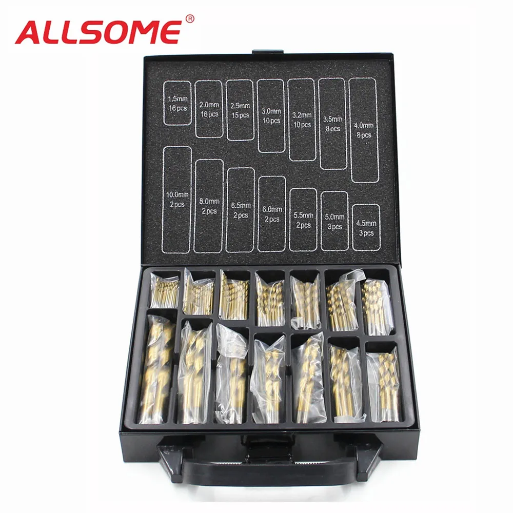 

ALLSOME 99pcs Titanium HSS Drill Bits Coated 1.5mm - 10mm High Speed Drill Bit Set For Electrical Drill Tools HT706