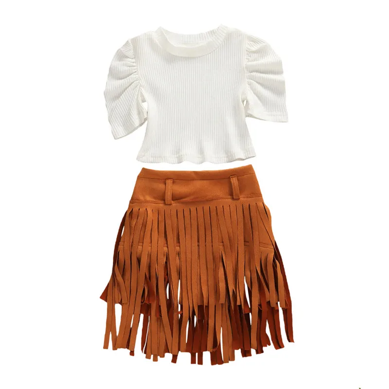 Комплект одежды для маленьких девочек белый вязаный Топ с пышными рукавами