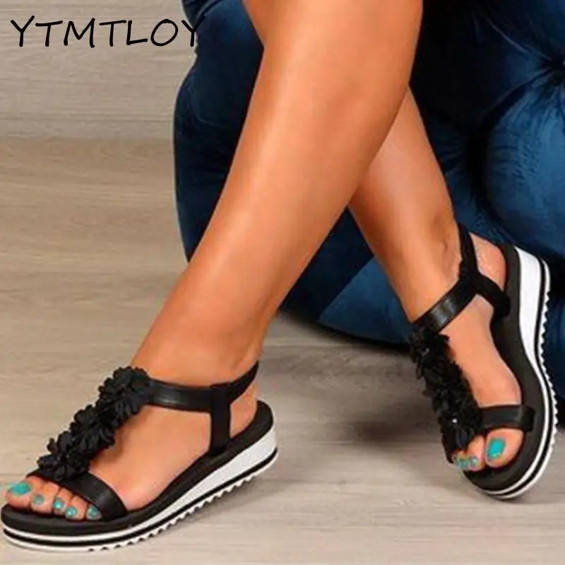 Сандалии женские с цветочным принтом Т-кружевом Нескользящие эластичный ремешок