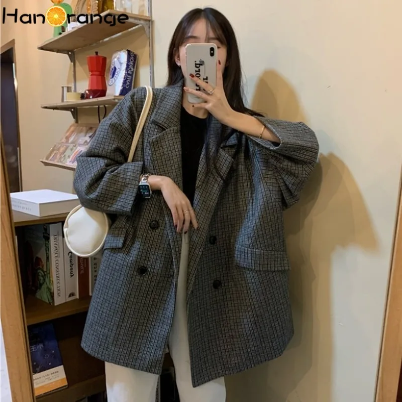 

Plaid Woolen Suit Coat Women Autumn Winter 2021 Thickened Korean Retro Fashion Loose Blazer Female