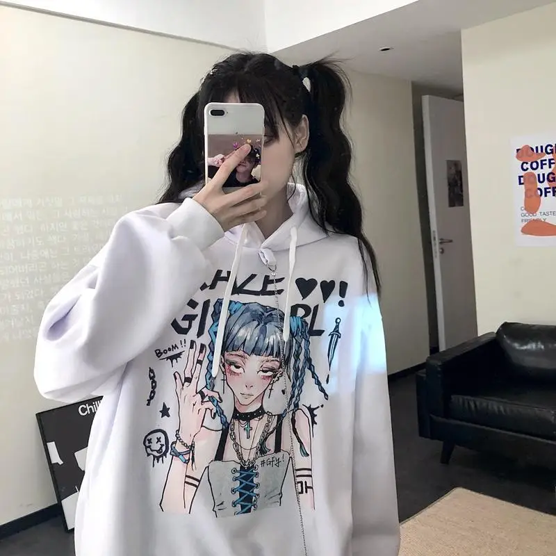 

Harajuku Japanese girl letter print long-sleeved fleece warm chain hoodie winter loose pullover hooded sweatshirt