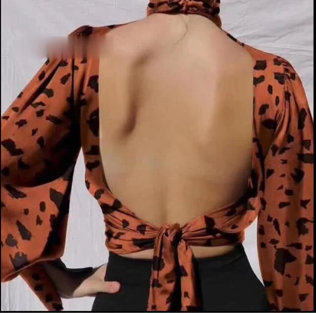 

Zoulv 2021 Open Back Belt Self-tie T-shirt Ladies High Neck Leopard Print Top Basic Lantern Sleeve Top Sexy Ladies Clothes