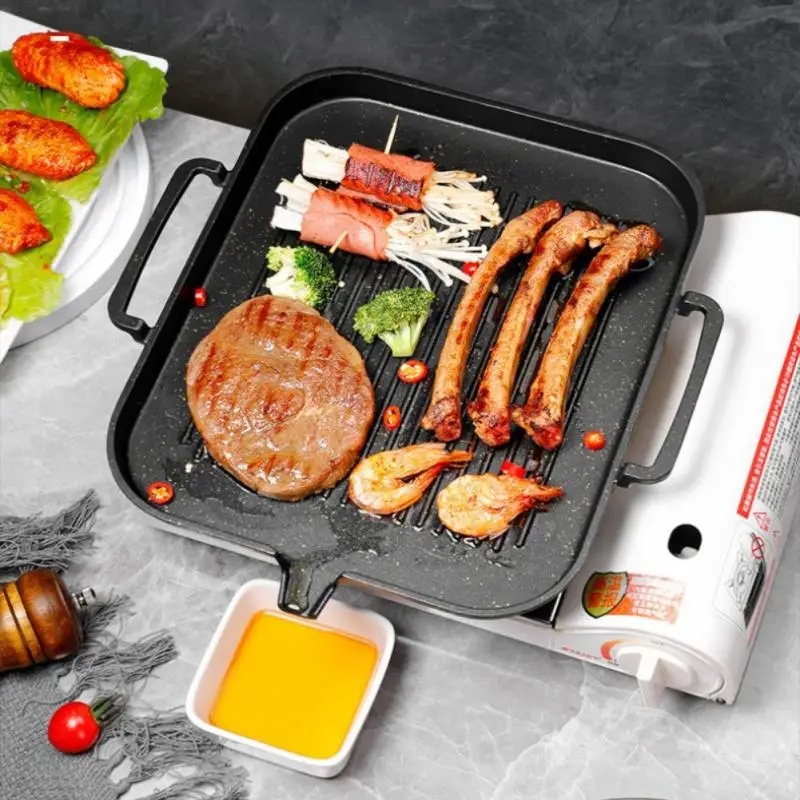 

Korean BBQ Cooker Grill Pan Non-Stick Smokeless Charcoal Grill Plate Butane Gas Stove Party Picnic Terrace Beach Barbecue Tray