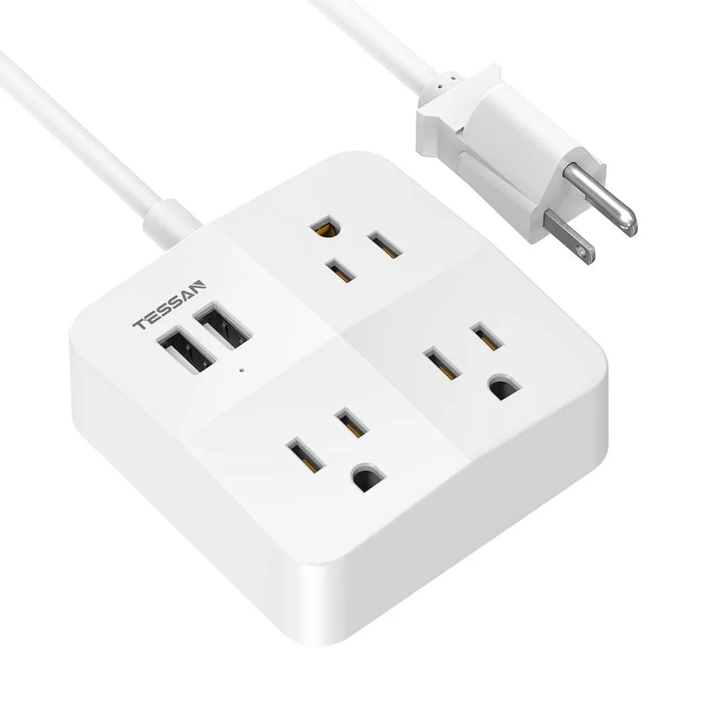

TESSAN Compact Multi Sockets US Standard Plug Power Strip with 3 AC Outlets 2 USB Ports 1.5M/5ft Extension Cable On/Off Switch