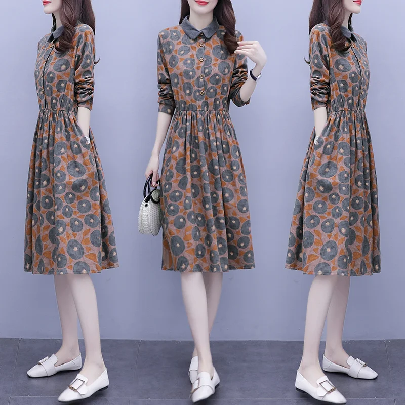 

2021 Spring New Casual Long Party Summer Autumn Dress Elegant Loose Korean Fashion Printed Mid-Length Temperament Dress Vintage