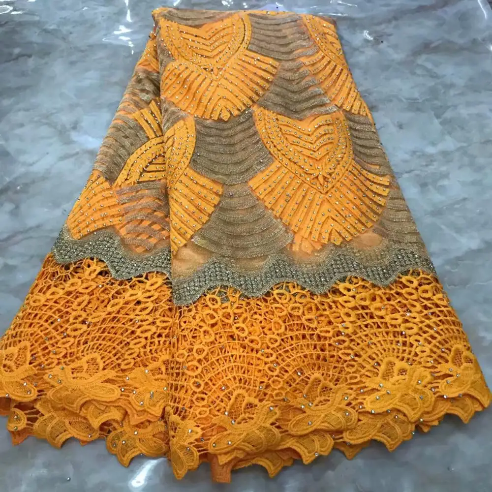 Оранжевая вышитая Тюль французская кружевная ткань для свадьбы гипюр