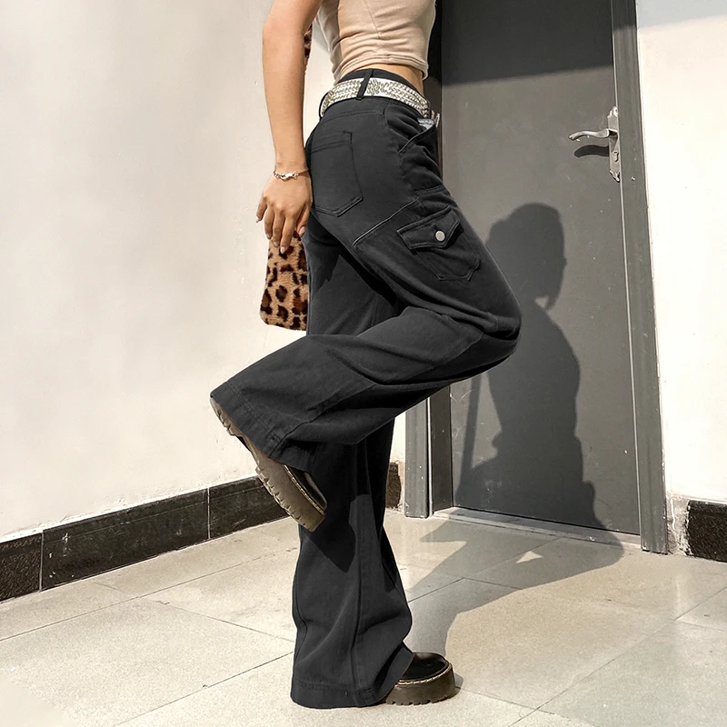 

High Waist Streetwear Denim Jeans Vintage Korean Fashion Aesthetic Punk Cargo Pants Pockets Women Y2k Clothes Blue Brown Black