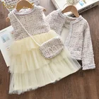 Bear LeaderДетские комплекты для девочек Новинка 2021 года, осенняя одежда принцессы Элегантные зимние сетчатые костюмы милая детская одежда с сумкой