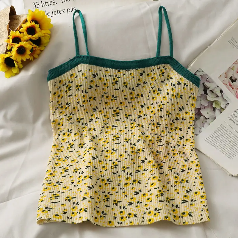 

2021 Women Summer Top 2021 Vintage Floral Spaghetti Strap Y2k Sleeveless Crop Top Female Knitwear Cami Casual Camisole Aesthetic