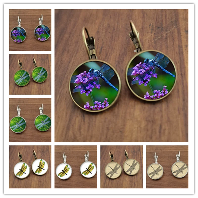 Лидер продаж модные милые серьги-подвески со стрекозой круглые стеклянные
