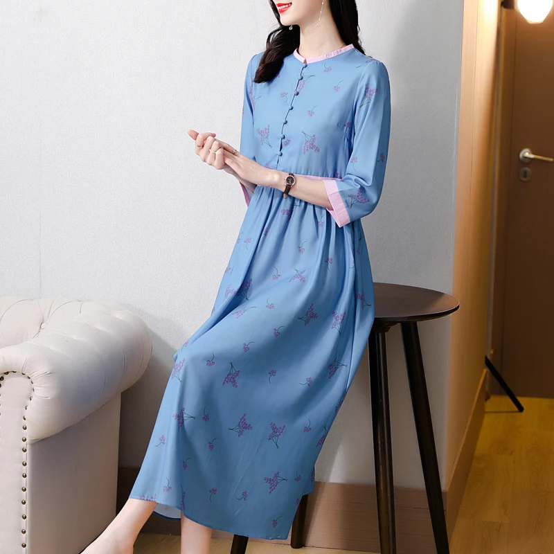 

Женское летнее платье COIGARSAM, новинка 2021 года, повседневные платья с рукавом три четверти, воротником-стойкой и высокой талией, платья Traf, пла...