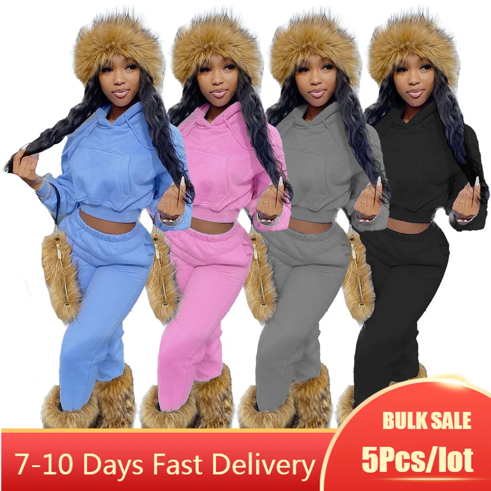 

5PCS Bulk Item Wholesale Lots Casual Two Piece Fall Winter Outfits Solid Hoodies Tops Joggers Sweatpants Women Warm Tracksuits