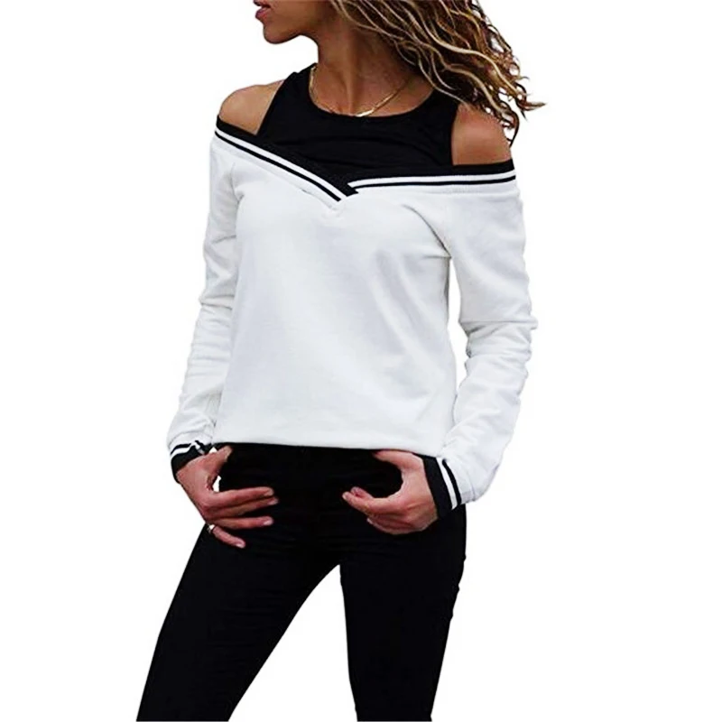 

Hot Women Long Sleeve T-shirts Fashion Off Shoulder Slim Striped Tops Autumn Casual O-Neck Hollow T-Shirt New