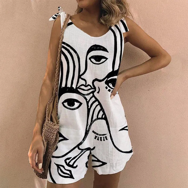 

Women's 2021 new printed cotton and linen slub loose style one-piece shorts