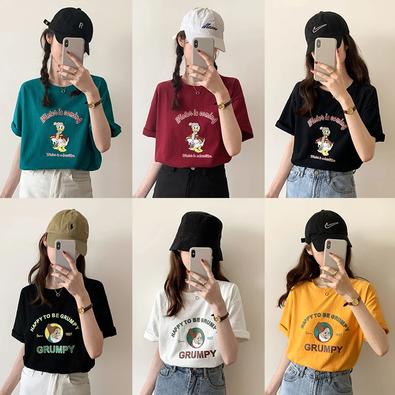 

Joker brim minus age design printed letters loose short sleeve T-shirt