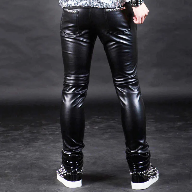 

New Arrival Skinny Fashion PU Leather Rivet Pencil Punk Rock Male Pants Casual Motorcycle Man Trousers
