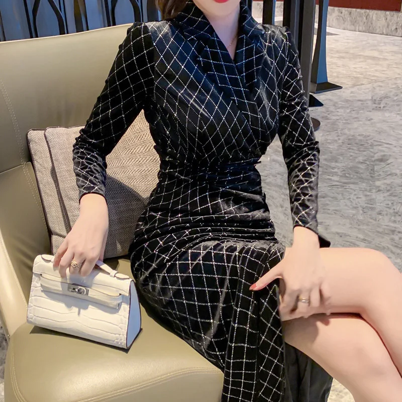 

Elegant Party Dress Women Wrap V Neck Slim Bodycon Long Sleeve Skinny Clubwear Sexy Office Lady Midi Dress Vestidos