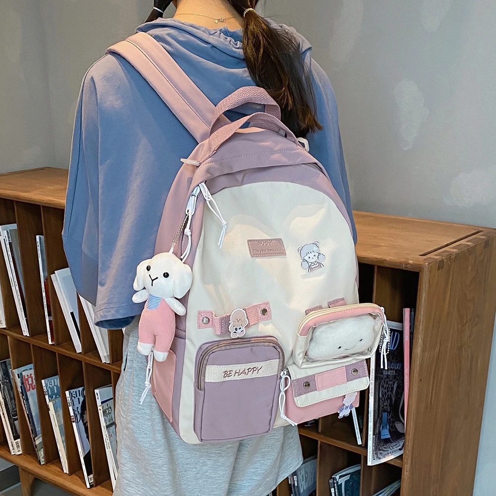 

Women Fashion Cartoon Printing Backpack Preppy Style Canvas School Bags for Students Large Capacity Patchwork Knapsack Handbags