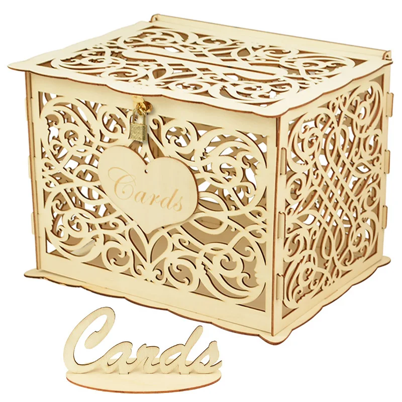 

DIY Wedding Gift Card Boxes Mr & Mrs Wooden Card Case With Lock Couple Rustic Beautiful Flower Pattern Wedding Party Decoration