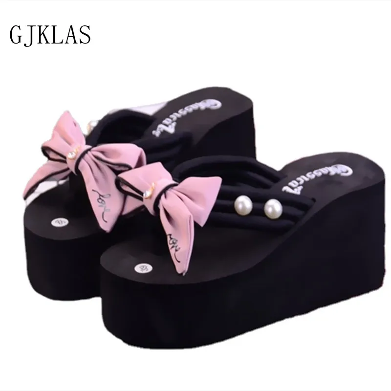 

Platform Wedge Heels Beach Shoes Women Summer Slippers Bow Casuales Black Shoes Woman Slippers Ladies Platform Shoes Hot Sale