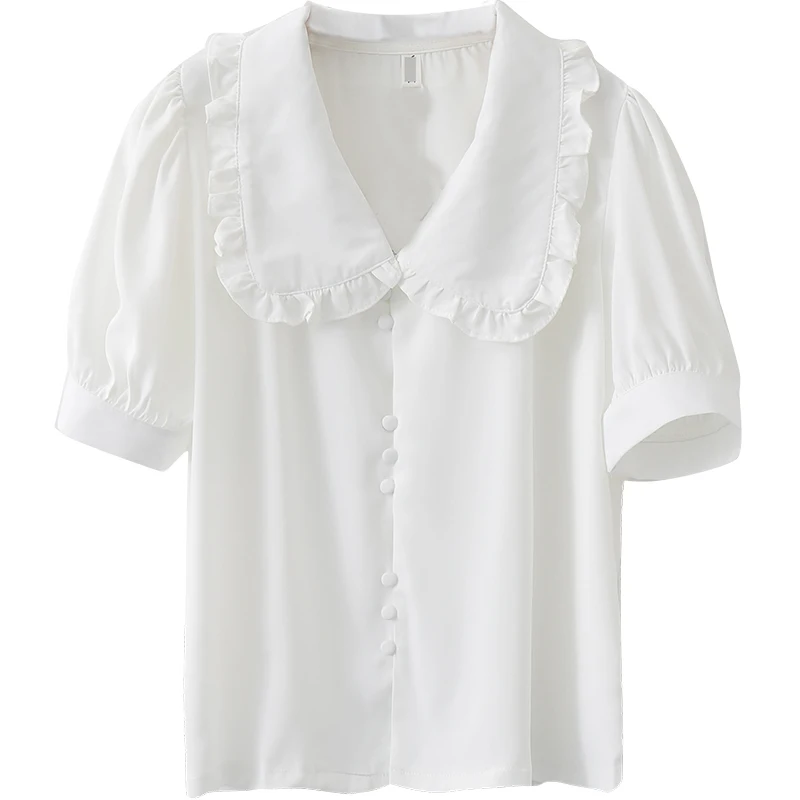 

French Minority Design Doll Collar Wooden Ear Chiffon Shirt Retro Puff Sleeve Short Sleeve Chic Top for Women Summer