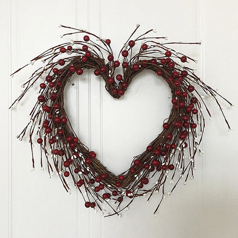 

16-Inch Artificial Red White Berries Garland Creative Heart-Shaped Rattan Wreath Valentines Day Wedding Party Wall Decor