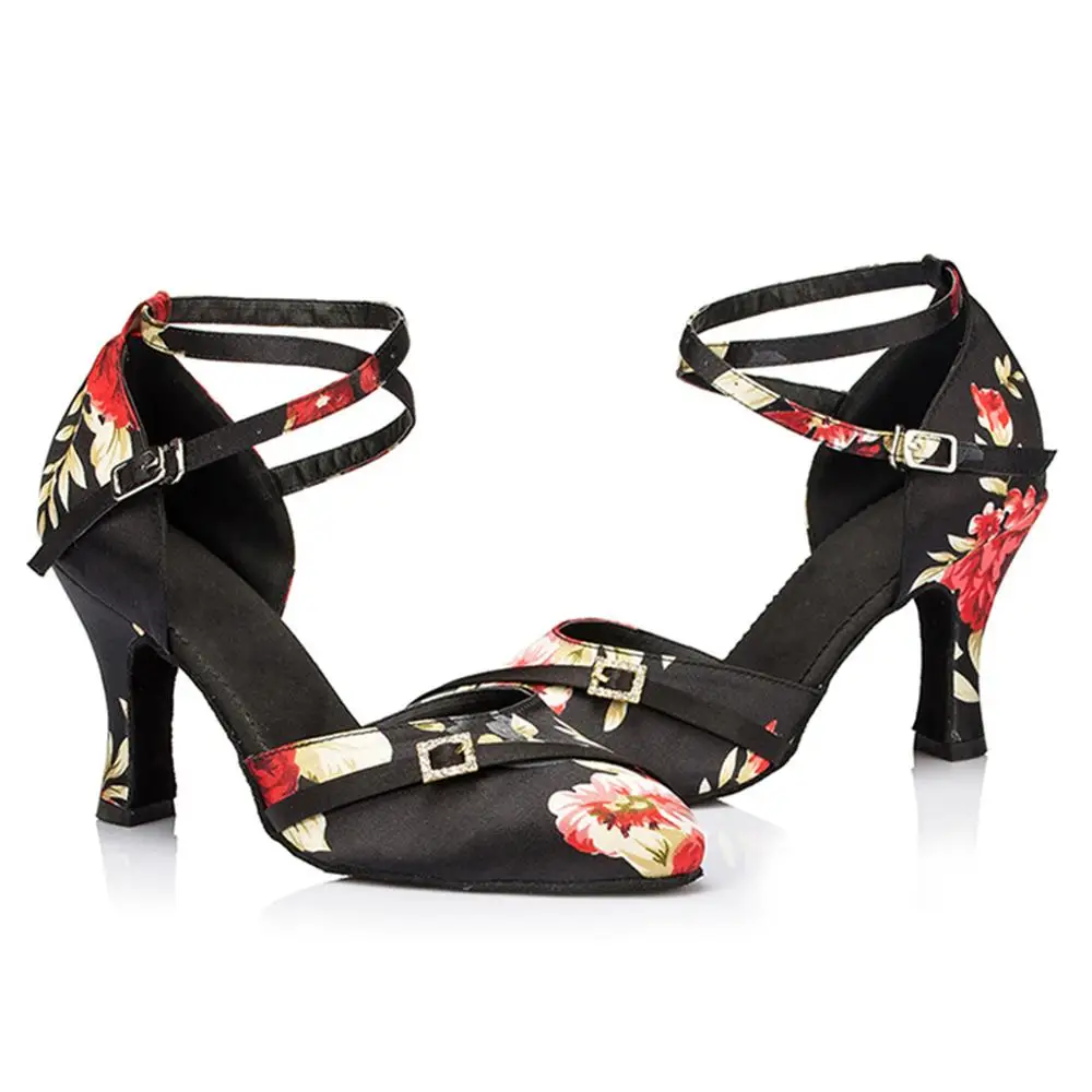 HROYL Women's dance shoes Latin Tango heeled ballroom dance shoes Silk printing Salsa wedding party dancing wholesale 5-10CM