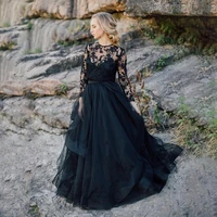 black long sleeve evening dresses a line o neck lace appliques tulle elegant party prom gown with button back floor length