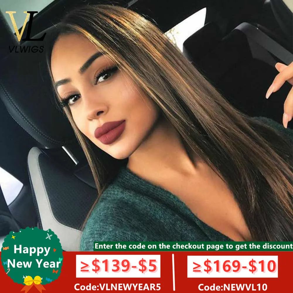 VLwigs эффектом деграде (переход от темного к Выделите парик волос 13x4 Синтетические