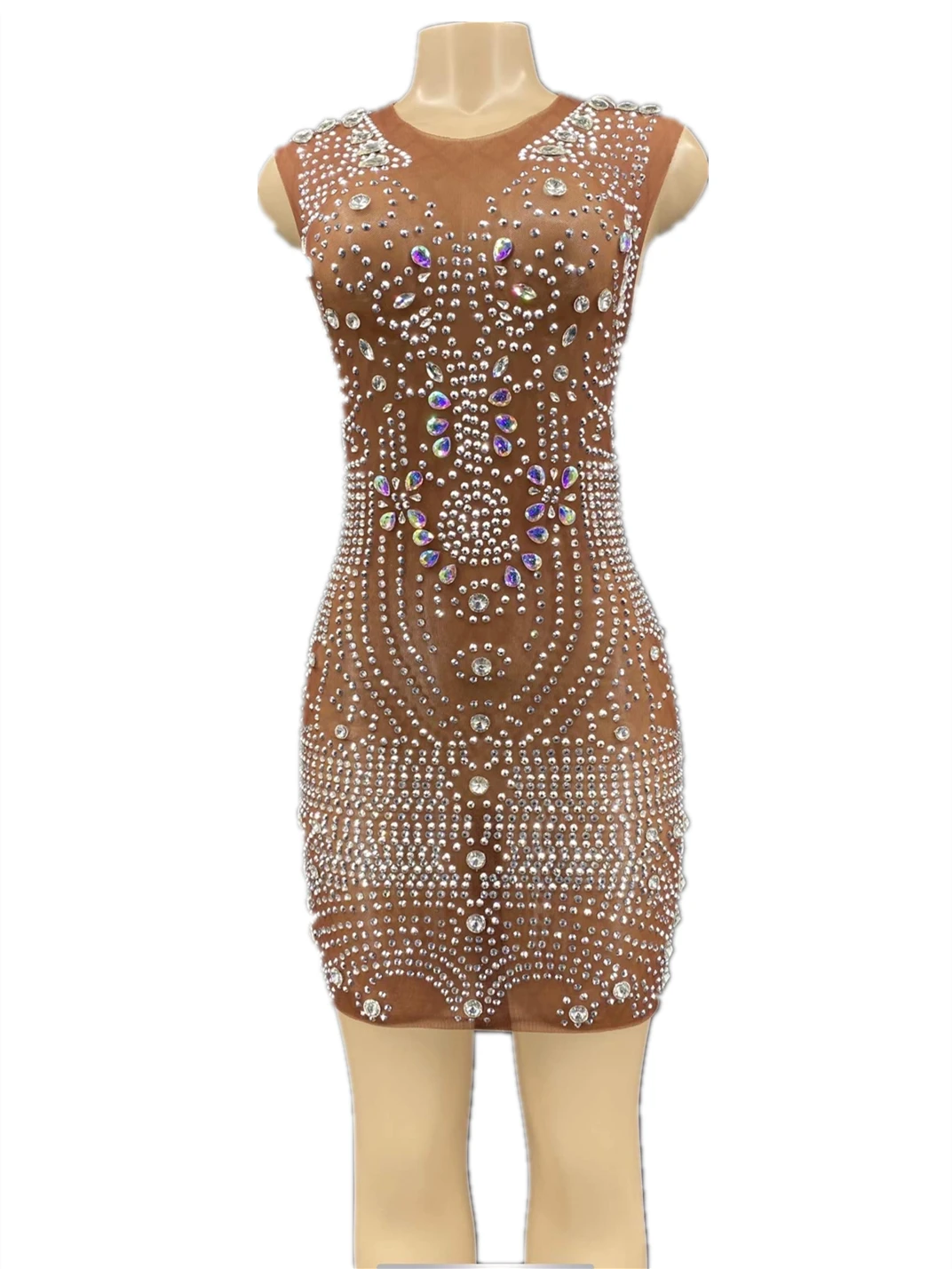 

Brown Bodycon Dress Rhinestone See-through Sleeveless Dress Women Party Prom Formal Dress Nightclub Singer Stage Outfit
