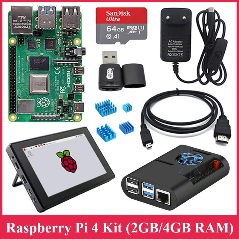 Raspberry Pi 4 Model B Kit + 7 дюймовый сенсорный экран и чехол источник питания SD карта