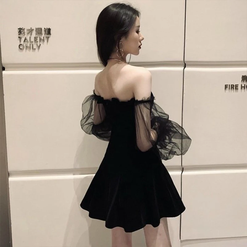 

Women's Spring Summer Style Dress Women's Solid Color Mesh Patchwork Long Sleeve Slash Neck Sexy A-Line Dress SS1278