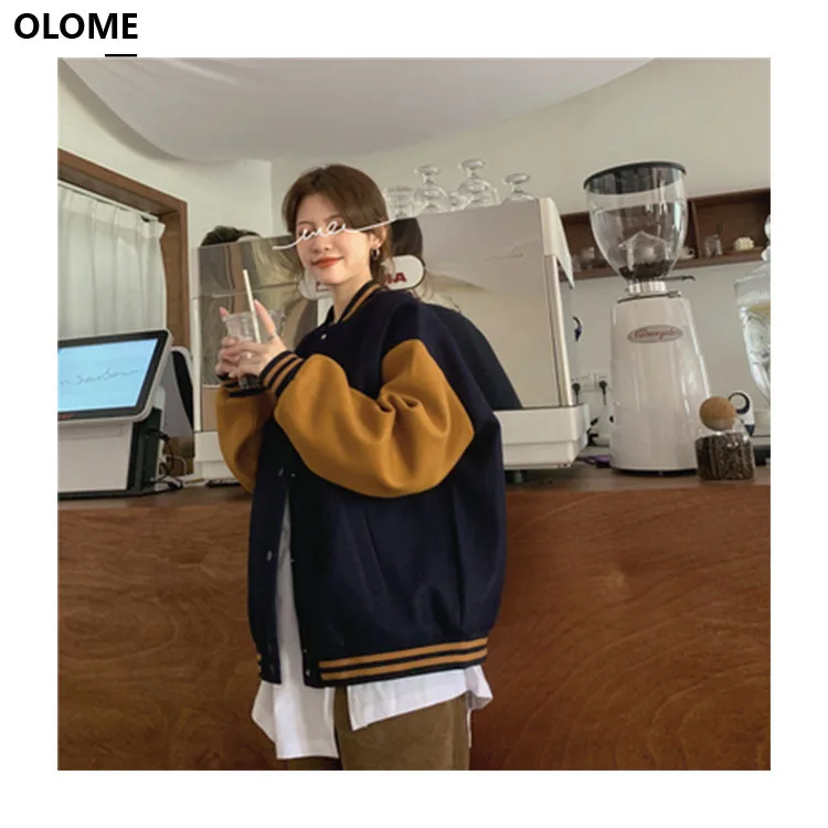 

2021Autumn and winter letter embroidery baseball uniform jacket women stand-up collar woolen jacket women
