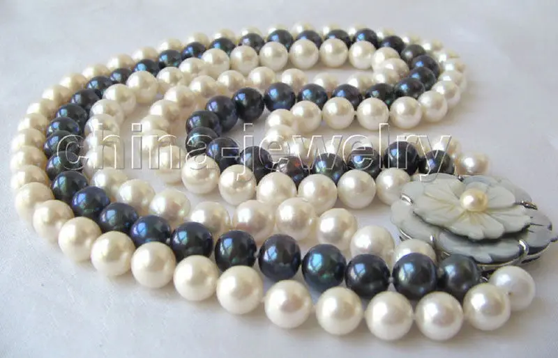 

P3396 -AAA 3row 17-19" 9mm natural white & black round freshwater pearl necklace